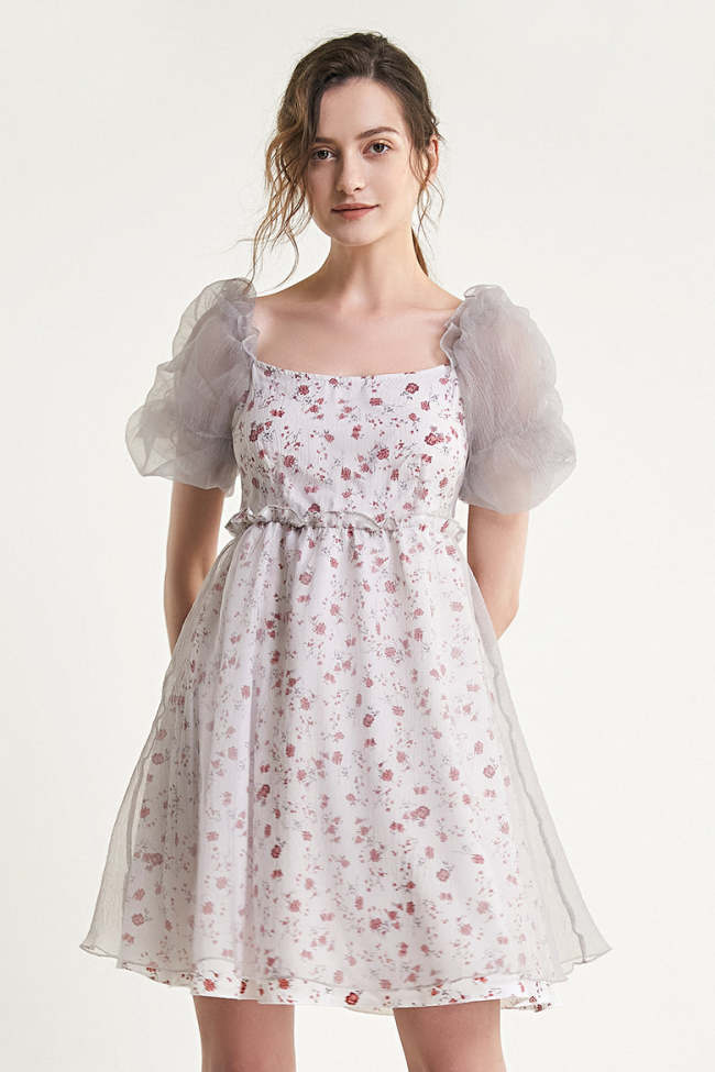 Thistle Floral Print Puff Sleeve Tulle Mini Dress