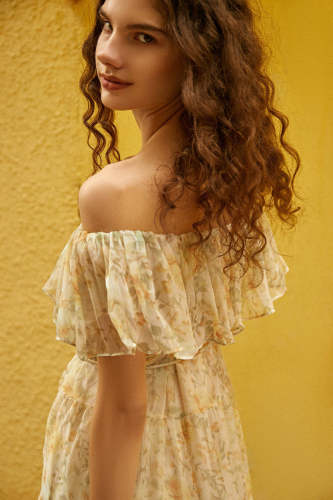 Light Yellow Floral Print Off-the-Shoulder Ruffled Maxi Dress