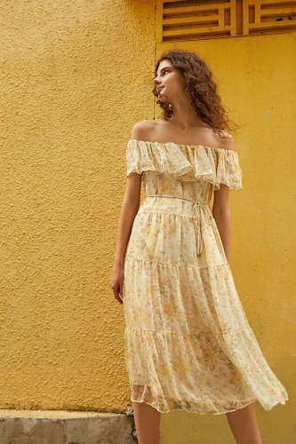 Light Yellow Floral Print Off-the-Shoulder Ruffled Maxi Dress