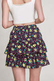 Black Floral Print Elastic Waist Ruffle Tiered Mini Skirt
