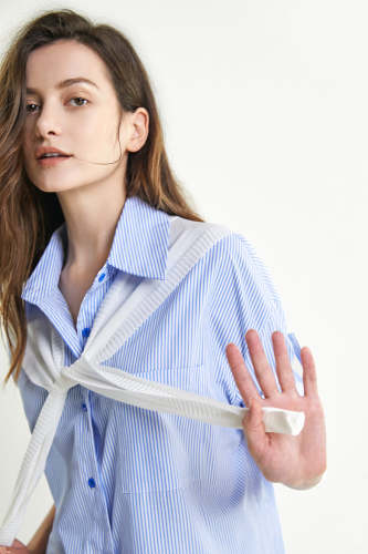 Flash Sale                Light Sky Blue Striped Roll-Tab Sleeve Shirt With Square Scarf Shawl