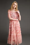 Pink Ruffled Smocked Floral Print Mesh Maxi Dress