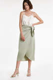 Dark Sea Green Satin Knot Front Overlap Midi Skirt