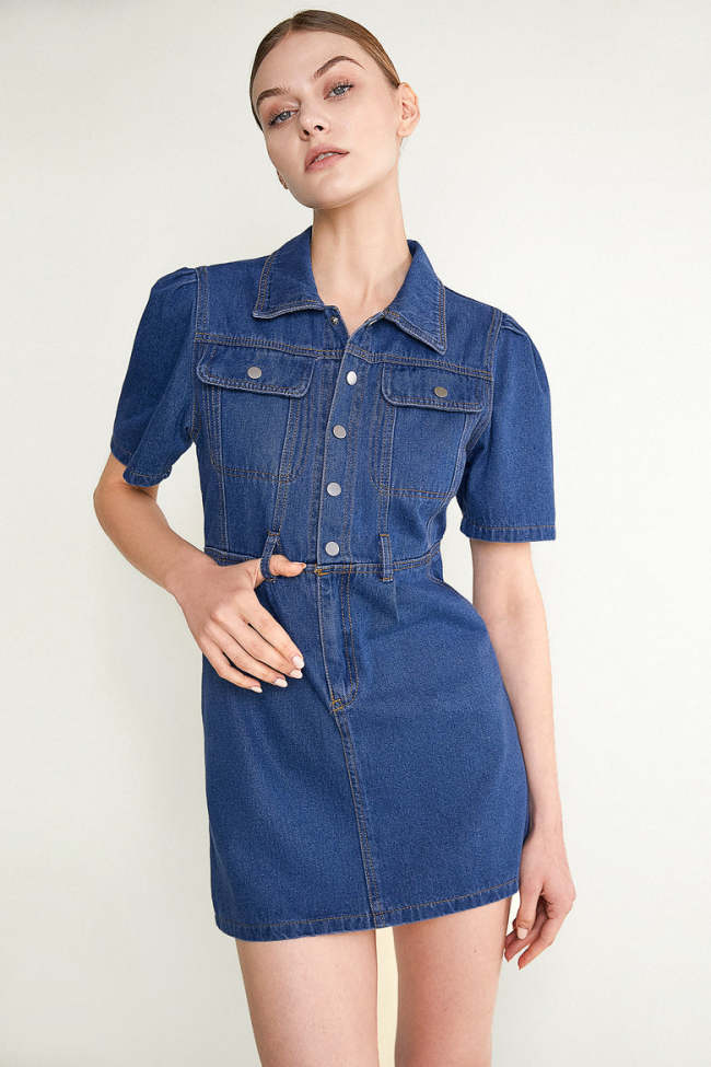 Dark Blue Puff Sleeve Denim Mini Dress Without Belt