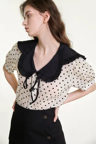 Beige Polka Dot Statement Collar Blouse