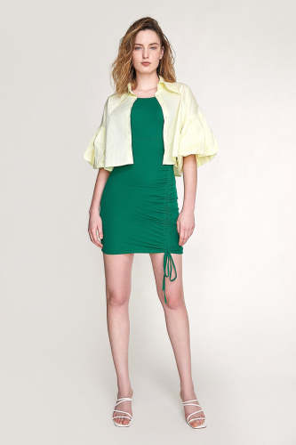Yellow Puff Sleeve Button-Up Cropped Shirt