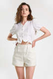 White Textured Drawstring Front Faux-Pearl Button Blouse