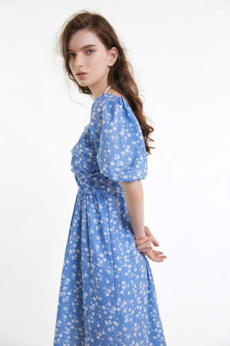 Light Sky Blue Floral Print Puff Sleeve Ruched Midi Dress