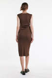 Flash Sale                Saddle Brown Sleeveless Ruched Side Cut Out Slit Hem Midi Dress