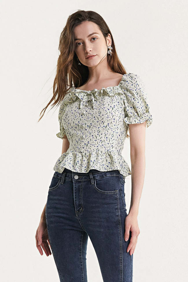 Light Yellow Floral Print Ruffled Tie Detail Crop Top