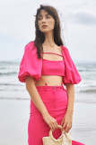 Deep Pink Puff Sleeve Crop Top & High-Waisted Midi Skirt Two-Piece Set