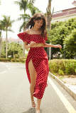 Dark Red Polka Dot Off-the-Shoulder Crop Top & Double Split Maxi Skirt Two-Piece Set
