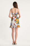 Ivory Floral Print Tie Strap Ruffled Hem Mini Dress