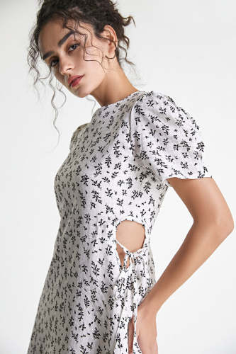 White Floral Print Cut Out Waist Tie Detail Mini Dress