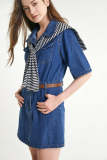 Medium Blue Elastic Waist Denim Dress With Square Scarf Shawl