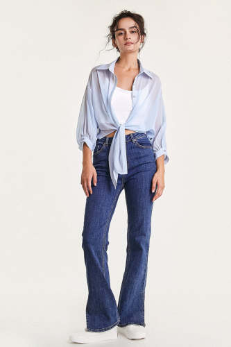 Light Blue Button Front Tie Detail Shirt