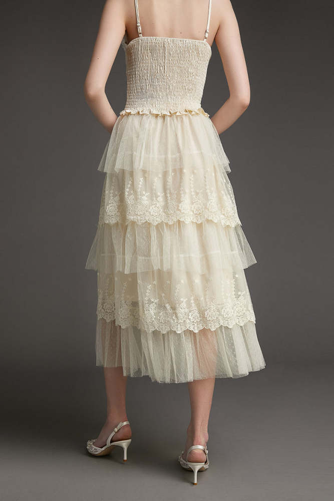 Ivory Elastic Waist Tiered Tulle Skirt