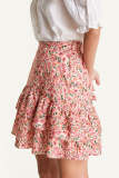 Pink Floral Print High Rise Ruffle Tiered Mini Skirt