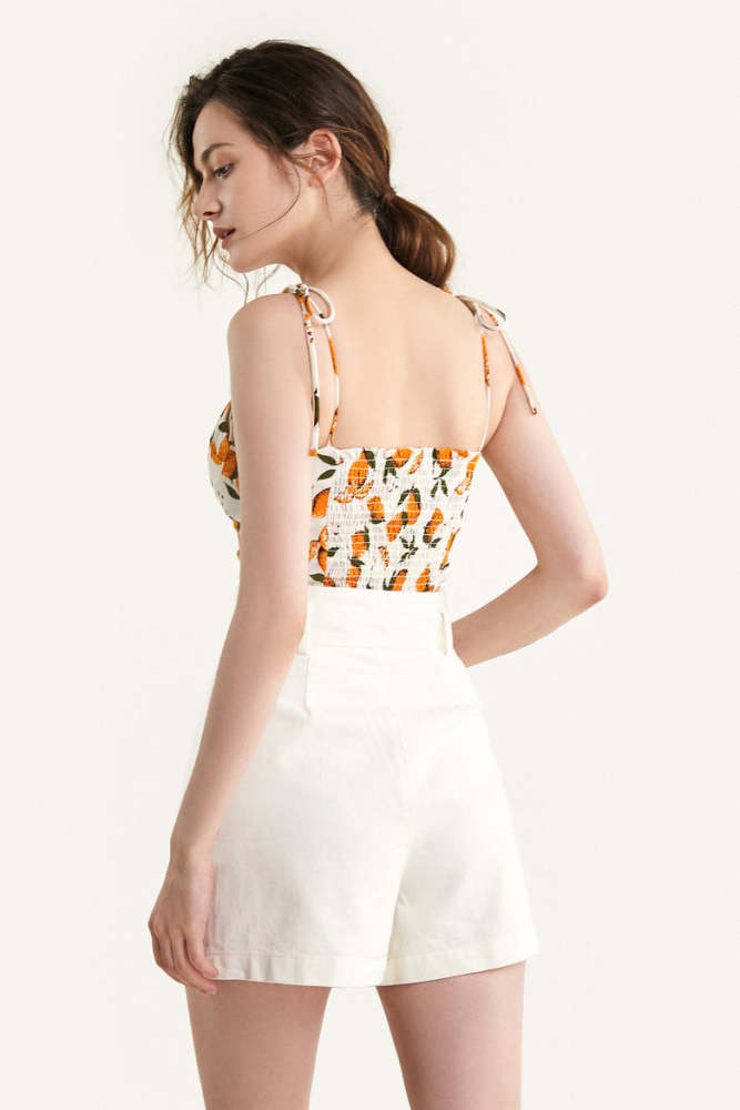 Ivory Fruit Print Tie Strap Cropped Cami Top