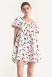 White Textured Cherry Print Puff Sleeve Mini Dress