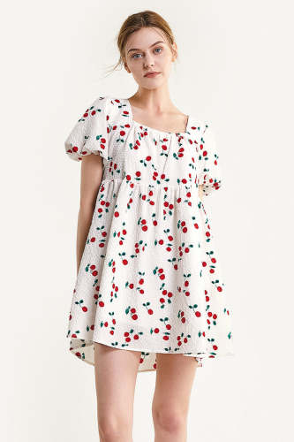White Textured Cherry Print Puff Sleeve Mini Dress