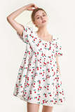 White Textured Cherry Print Puff Sleeve Mini Dress