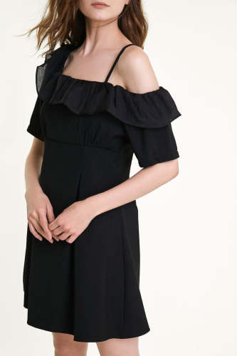 Flash Sale                Black Asymmetric Ruffled Midi Dress