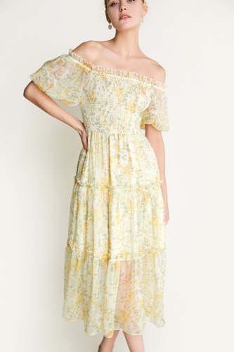 Ivory Floral Print Square Neck Puff Sleeve Maxi Dress