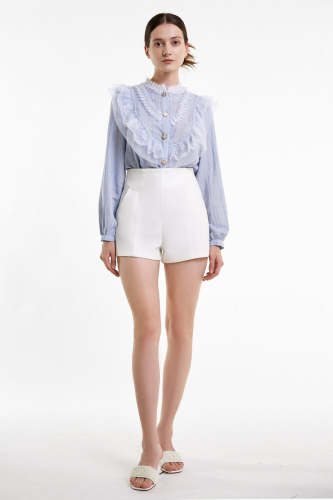 Light Steel Blue Lace Trim Button-Up Blouse