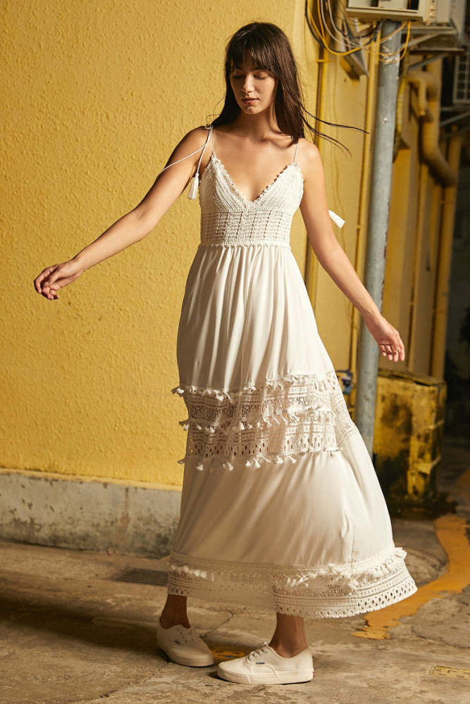 White Crochet Lace Tassel Trim V-Neck Maxi Dress