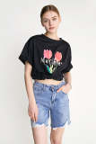 Black Tulip Print Oversized Cotton T-shirt