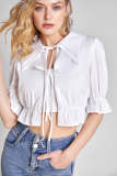 White Layered Collar Tie-Front Blouse