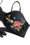 Black Embroidered Detail Bandeau & Cheeky Bottom & Cover-Up Skirt 3pcs Set