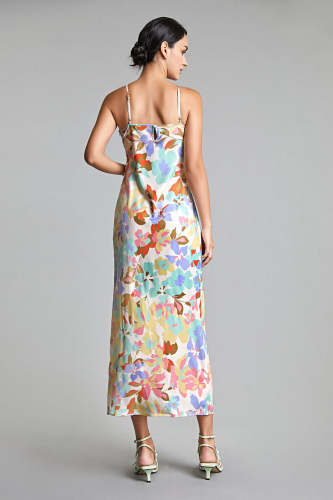 Multicolor Floral Print V-Neck Midi Dress