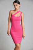 Deep Pink One-Shoulder Cutout Rib-Knit Bodycon Mini Dress