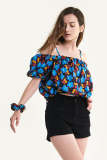 Black Off-the-Shoulder Floral Print Puff Sleeve Blouse With Hair Scrunchie