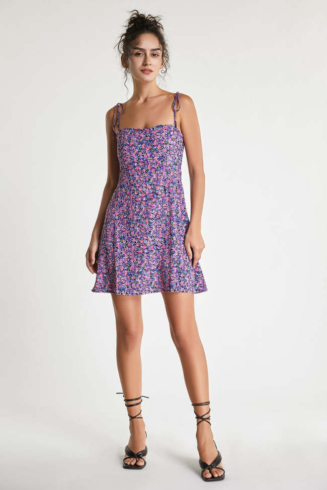 Medium Orchid Floral Print Tie Strap Mini Dress