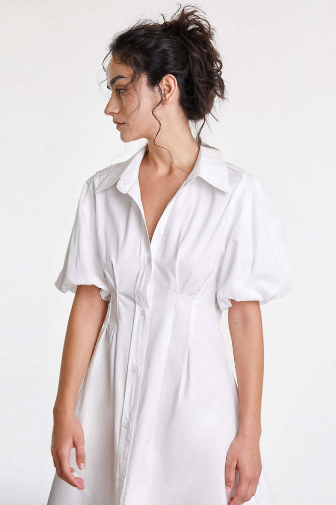 Flash Sale                White Fitted Waist Puff Sleeve Shirt Dress