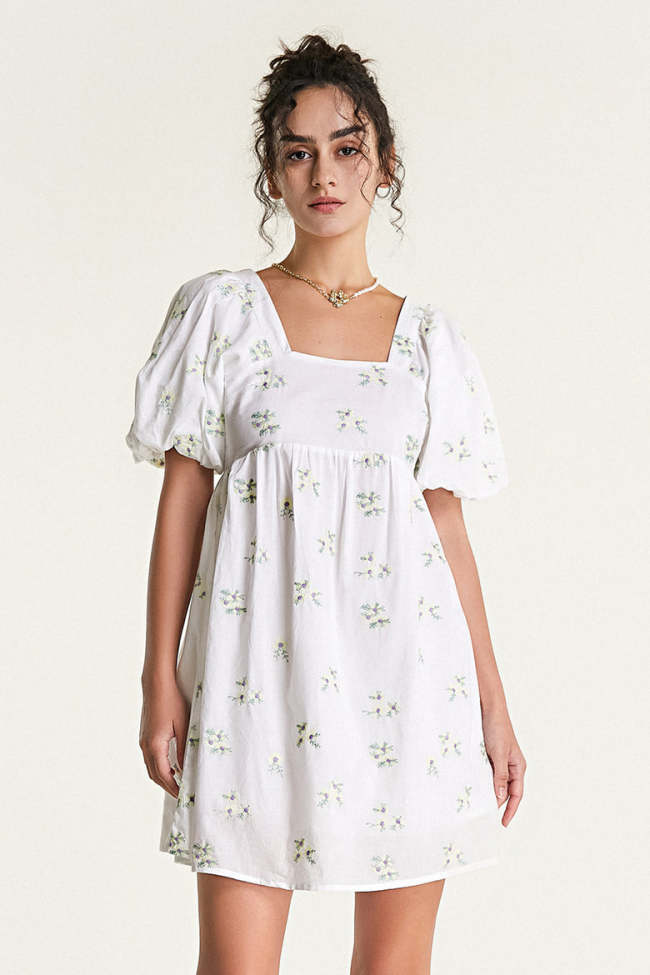 White Floral Print Puff Sleeve Mini Dress