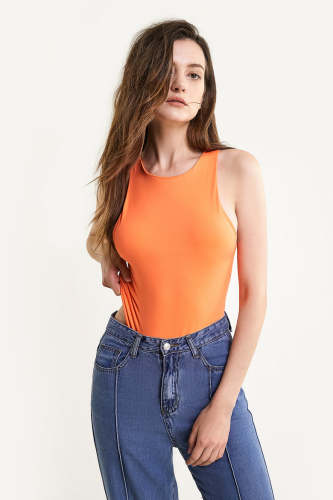 Dark Orange Sleeveless Round Neck Bodysuit