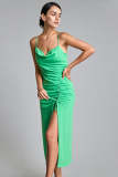 Lime Green Spaghetti Strap Cowl Neck Ruched Drawstring Midi Dress
