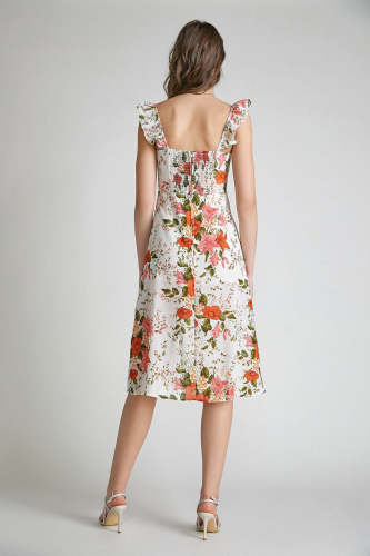 Beige Floral Print Slit Hem Midi Dress