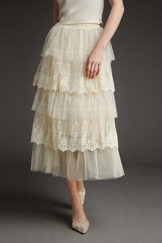 Ivory Elastic Waist Tiered Tulle Skirt