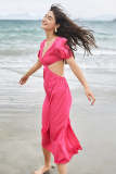 Deep Pink Cut Out Waist Smocked Puff Sleeve Maxi Dress