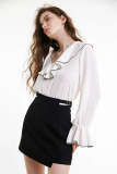 White Bell Sleeve Contrast Binding Flounce-Trimmed Blouse