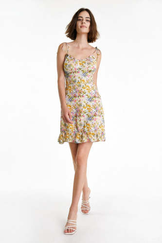 Multicolor Floral Print Tie Strap Ruffled Mini Dress