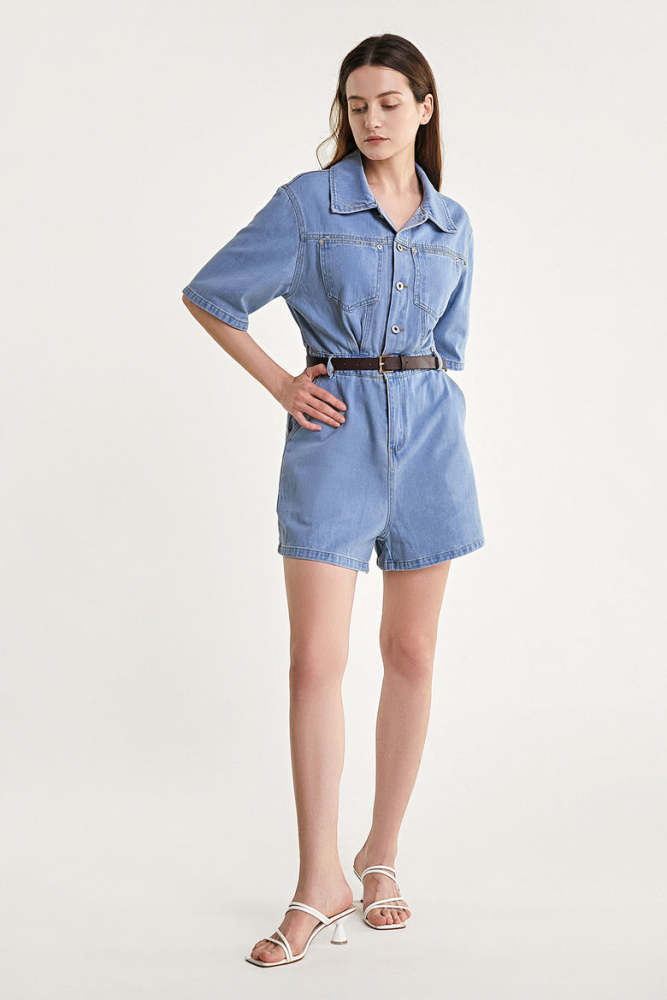 Light Blue Belted Denim Romper