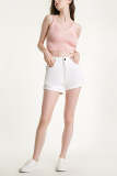White Turn-Up Hem High Rise Denim Shorts