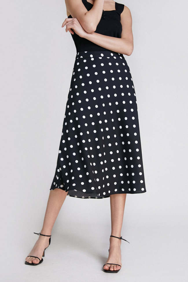 Black Polka Dot High Waist Midi Skirt
