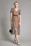 Grey Sequin And Stud Embellished V-Neck Tiered Midi Dress
